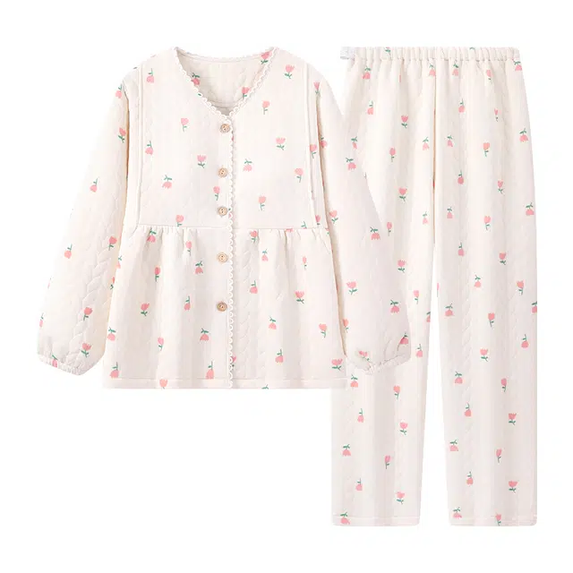 宫蝶 月子服产后哺乳带胸垫家居服长袖夹层棉产妇可调节腰围保暖睡衣套装 女款