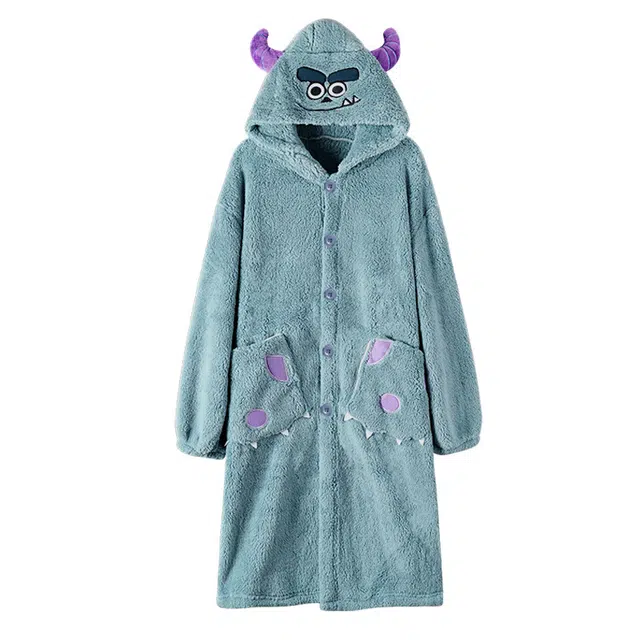 眠趣 小怪兽冬季睡袍珊瑚绒睡衣女加厚毛绒家居服套装 冬季蓄温睡袍长款保暖加厚睡裙卡通可爱睡衣家居服 配裤子男女同款 蓝色