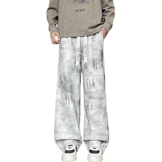 加荣 美式复古扎染脏脏裤子男装时尚高端直筒裤男士宽松百搭垂感阔腿裤男秋季慵懒风松弛感弯刀裤男款设计感小众运动休闲长裤 男女同款