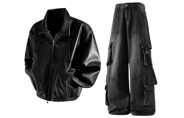 梓润格 秋冬复古氛围感美式机车服潮流街头飒酷时尚百搭皮夹克多口袋风牛仔裤情侣款长裤休闲运动套装 男女同款