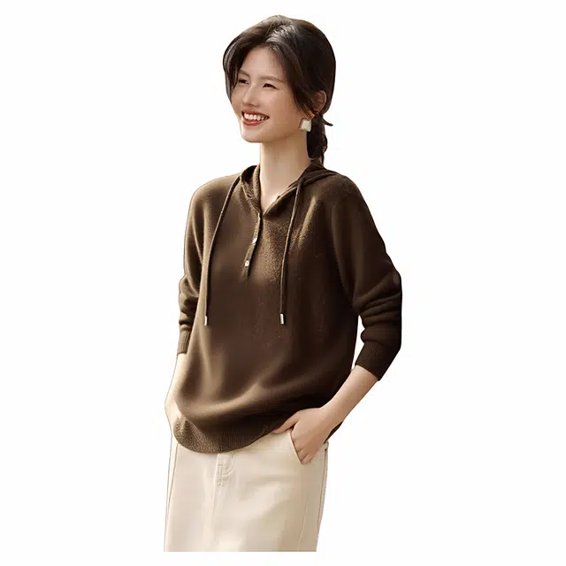 佐塞斯 高端品质轻奢美拉德金豆纱连帽针织羊毛衫女秋冬温暖穿搭复古优雅上衣羊绒衫 女款