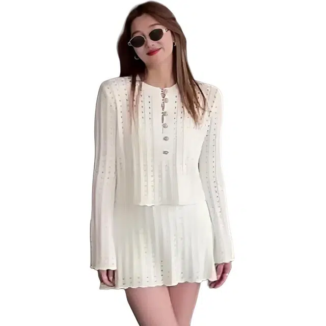 纤丝鸟 韩版修身显瘦镂空长袖上衣气质时尚半身裙收腰裙装套装 女款