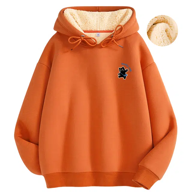 棉致 悠闲黑猫加绒加厚时尚基础无性别主义连帽外套宽松小众舒适简约落肩长袖卫衣 男女同款