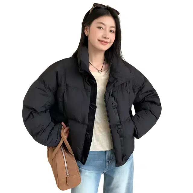 鸭鸭 宽松保暖连帽休闲面包短款长袖羽绒服 女款