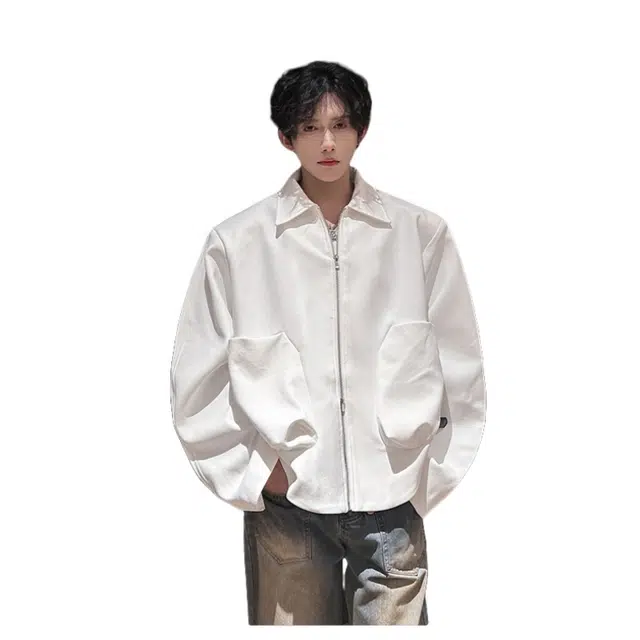 加荣 美式垫肩高级感夹克男秋季潮牌高端男装上衣痞帅炸街机车服男简约纯色设计外衣男士慵懒风松弛工装男款基础百搭情侣外套 男女同款