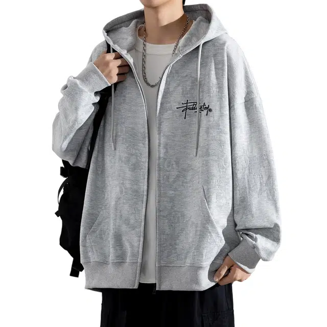 顶峰保罗 美式字母刺绣提花潮牌连帽重磅开衫夹克外套无性别主义宽松大码复古休闲直筒运动上衣简约百搭长袖卫衣 男女同款
