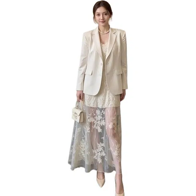 纤丝鸟 西服外套蕾丝拼接连衣裙两件套修身裙装套装 女款