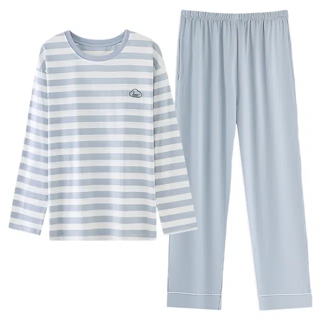 潞优野 简约时尚百搭舒适纯棉长袖休闲可外穿家居服自带胸垫睡衣套装 女款