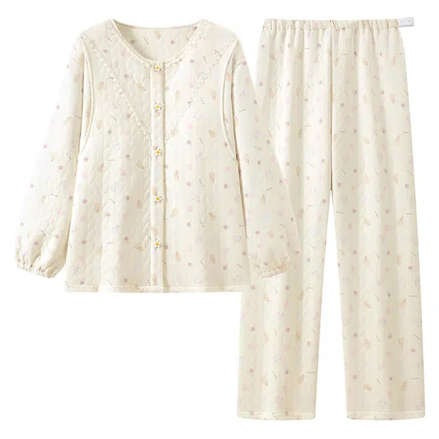 宫蝶 月子服带胸垫产后哺乳家居服夹层棉长袖产妇可调节腰围保暖睡衣套装 女款