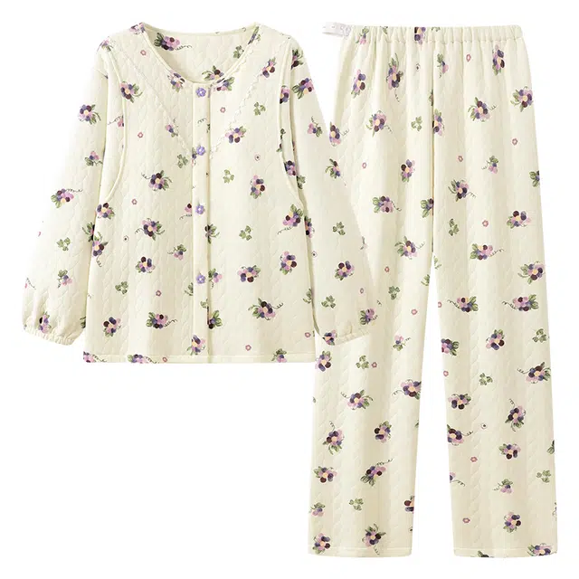 宫蝶 月子服带胸垫产后哺乳长袖家居服夹层棉产妇可调节腰围保暖睡衣套装 女款