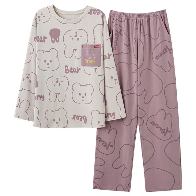 俏霓桐 秋冬季舒适圆领纯棉卡通可爱青少女长袖长裤可外穿家居服睡衣套装 女款