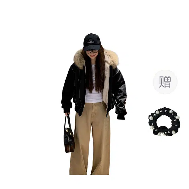 雾闪闪 派克服短款女仿兔毛大毛领连帽棉外套美式复古棉服 女款