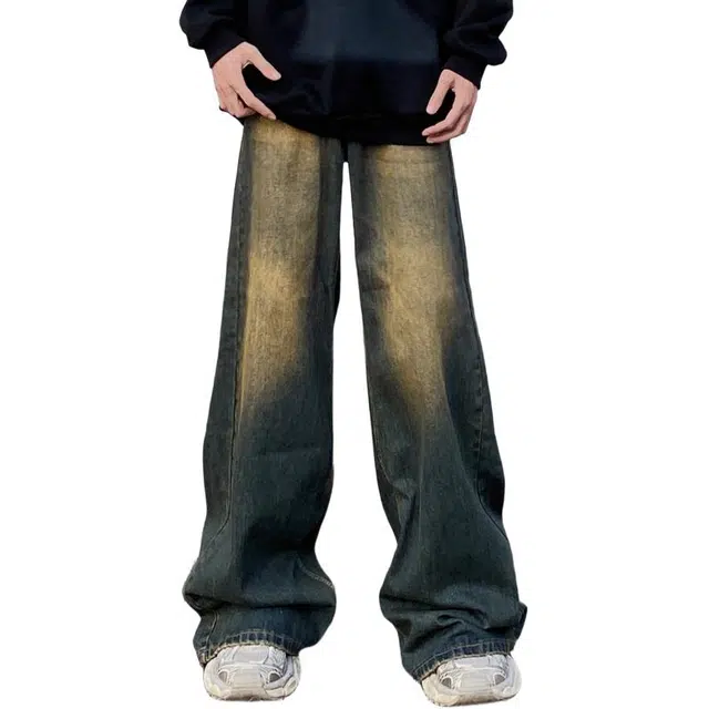 大格子与黑猫 美式复古水洗做旧男秋冬宽松直筒慵懒松弛垂感阔腿裤子牛仔裤 男女同款