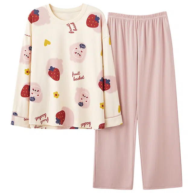 俏霓桐 秋冬季舒适圆领纯棉卡通草莓图案可爱青少女长袖长裤可外穿家居服睡衣套装 女款