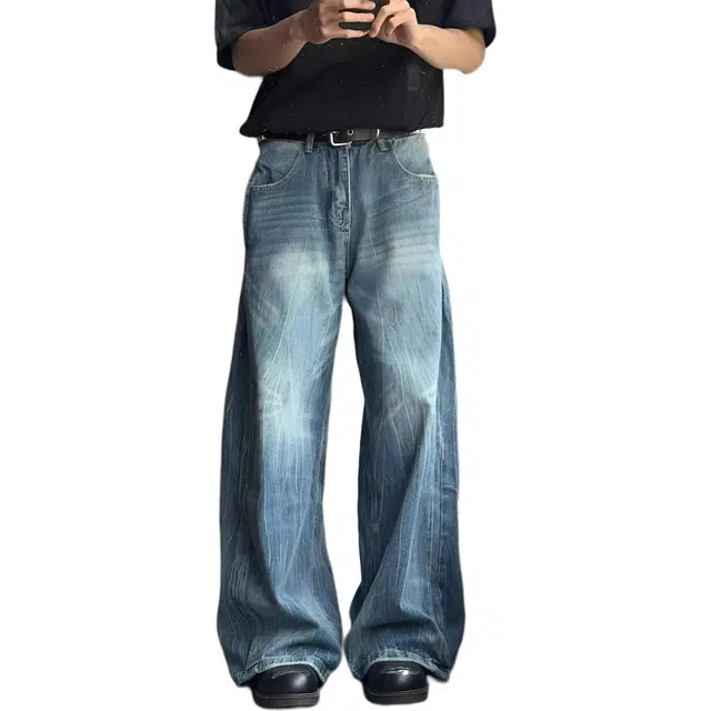 如续 美式废土风设计感水洗直筒宽松阔腿长裤潮流松弛感舒适休闲垂感牛仔裤 男女同款