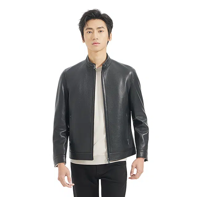 利郎 都市休闲纯色立领质感简约百搭秋季皮衣 男款