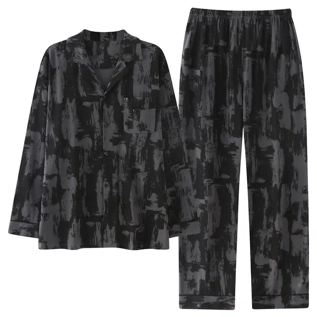 俏霓桐 轻奢时尚复古翻领亲肤舒适高级感简约休闲长袖长裤家居服可外穿睡衣套装 男款