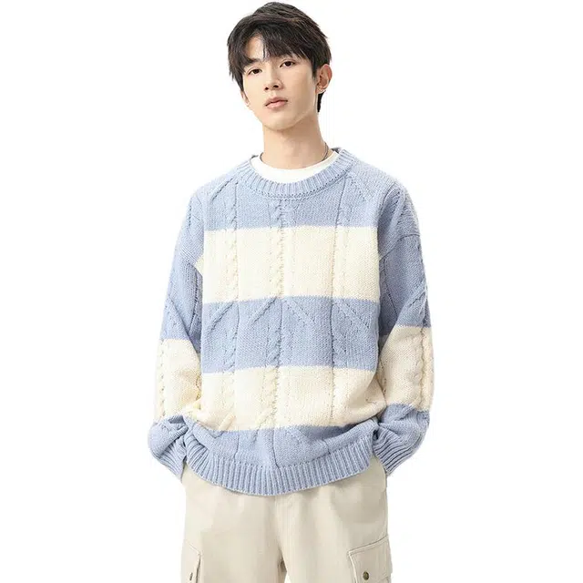 洋气先生 潮流复古拼色慵懒风高级感设计无性别主义学院风休闲宽松舒适保暖日常通勤徒步简约时尚百搭圆领落肩长袖上衣针织衫 男女同款
