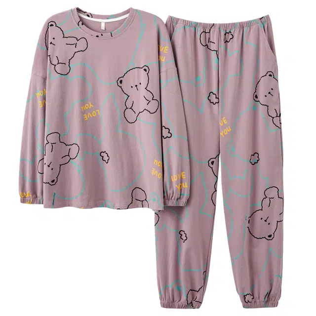 俏霓桐 秋冬季舒适圆领纯棉卡通小熊可爱青少女长袖长裤可外穿家居服睡衣套装 女款