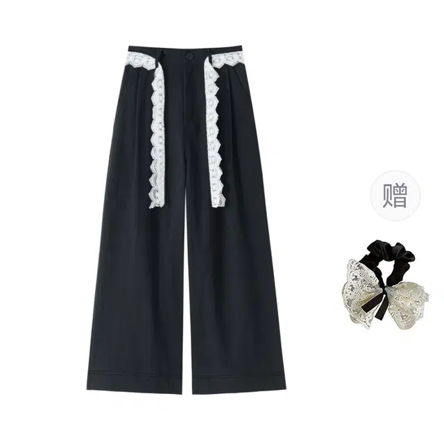 涂诗菲 韩版高街潮流宽松高腰显瘦舒适通勤气质垂感时尚百搭蕾丝系带休闲裤 女款