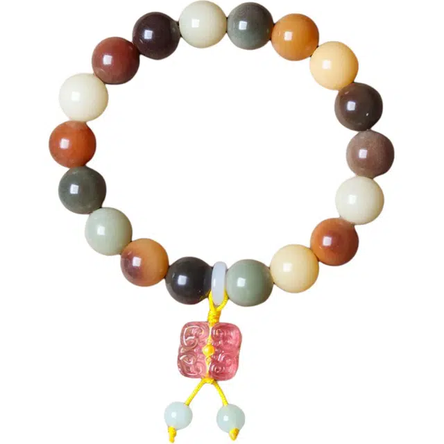 得笙陌 多宝色搭配西柚粉琉璃花牌挂坠平安扣浅绿色玉髓珠小清新#好运 菩提根 手串 女款