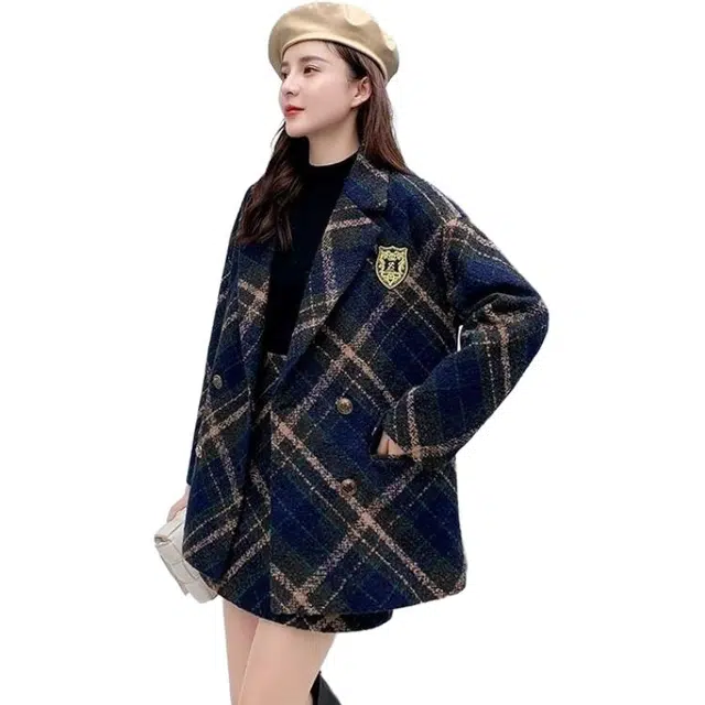 纤丝鸟 小香风时尚格子粗花西装外套半身裙洋气两件裙装套装 女款