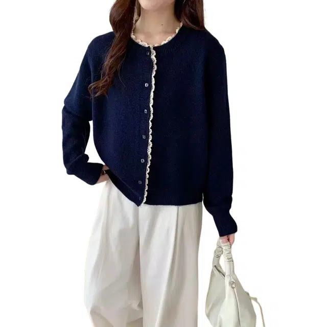 沐晓欣 韩系早秋季氛围感穿搭开衫上衣女宽松花边慵懒外套针织衫 女款