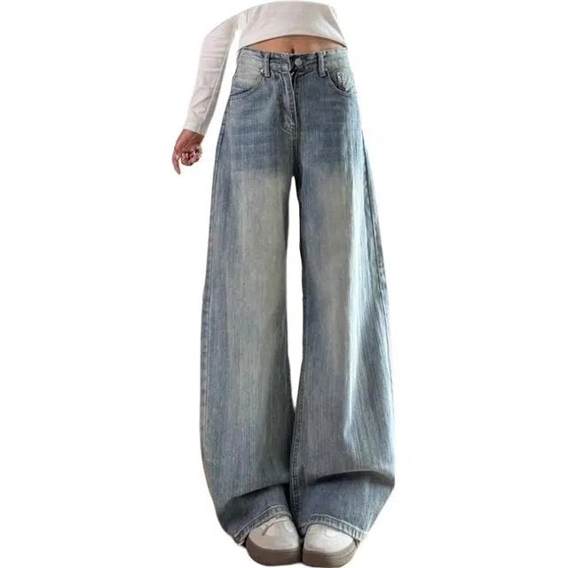 么宁 美式复古弯刀高腰宽松直筒阔腿香蕉镰刀裤子牛仔裤 女款