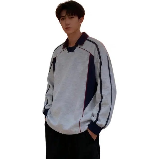 华夏儿女 美式翻领华棉复合牛奶撞色拼接条宽松版型超百搭运动休闲上衣卫衣 男女同款