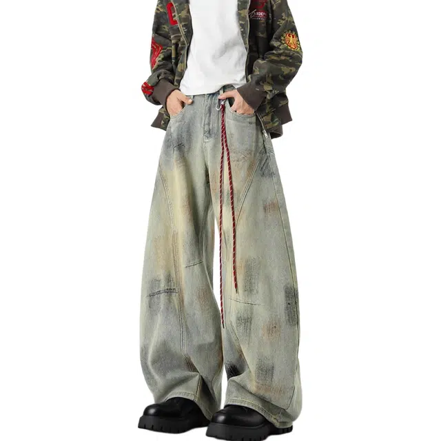 瑞梵帝斯 秋季美式复古脏染设计感弯刀工装高腰宽松阔腿百搭舒适镰刀裤辣妹做旧潮牌高街时尚牛仔裤 男款