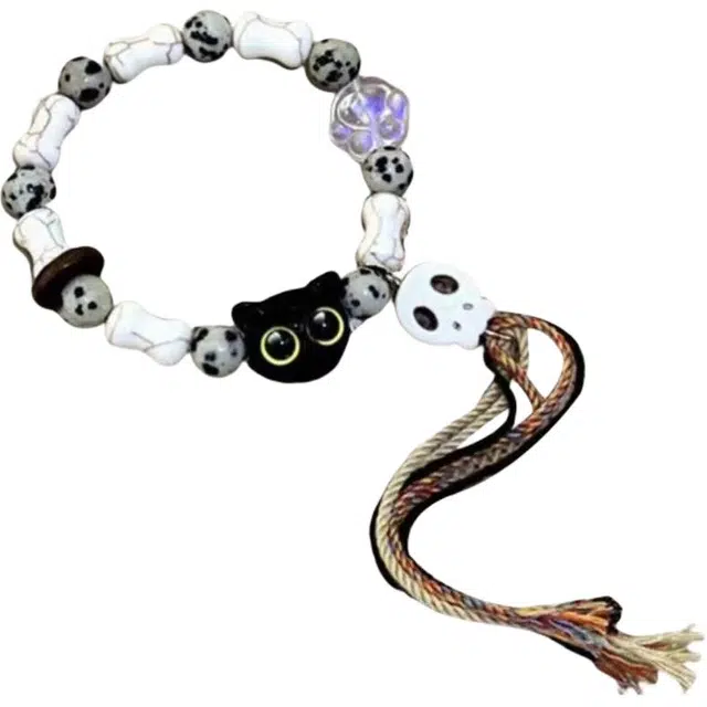 素于 新中式潮流创意个性小黑猫咪骷髅编织复古甜美可爱呆萌萌趣搞怪时尚日常通勤显白百搭可调节#好运 织物 手绳 男女同款情侣款