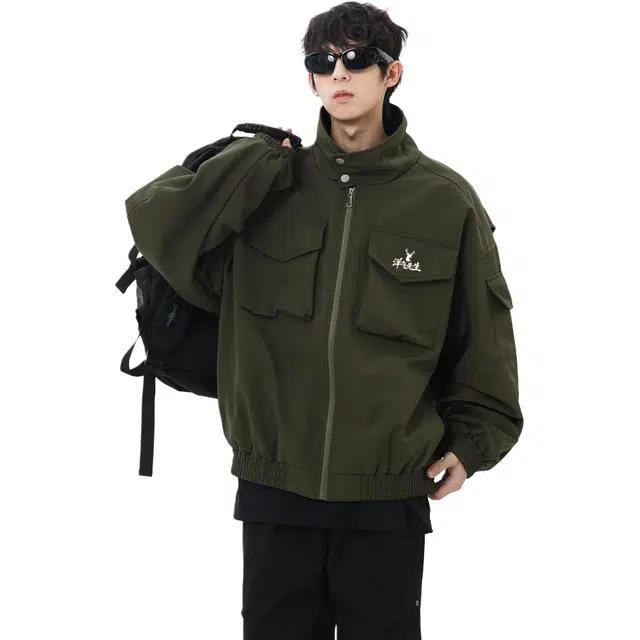 洋气先生 美式复古简约时尚小众高级感潮流帅气纯色氛围感日常基础休闲宽松百搭防风保暖城市机能风工装大口袋立领夹克外套 男女同款