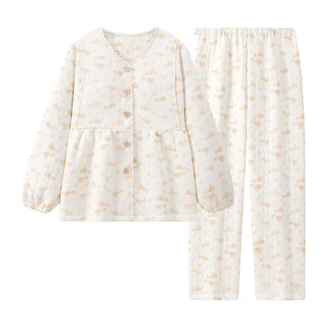 宫蝶 月子服夹层棉保暖长袖带胸垫产后产妇哺乳家居服可调节腰围睡衣套装 女款
