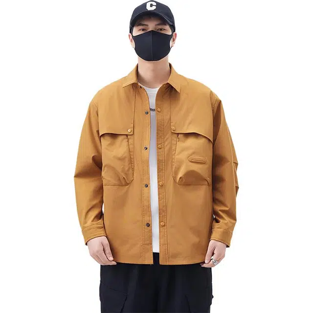 羽浅 山系机能工装大口袋衬衫翻领外套男春秋季青年时尚单排扣纯色夹克 男款