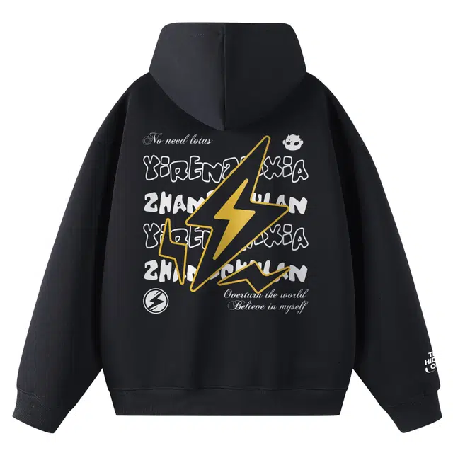 一人之下 美式高街潮流时尚后背闪电艺术字母印花学生无性别主义时尚户外通勤宽松休闲百搭落肩套头连帽卫衣 男女同款