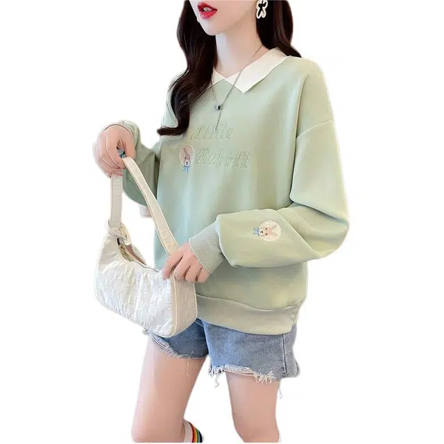 木清清 小个子韩版宽松翻领百搭假两件长袖卫衣 女款