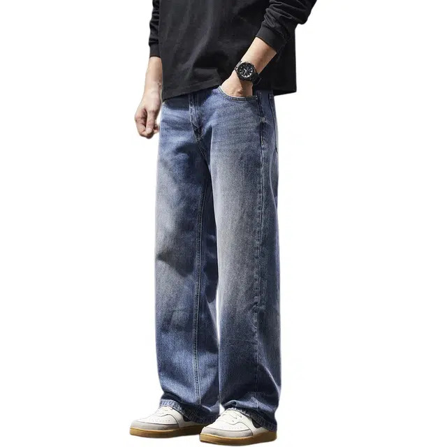 潮人榜 美式复古重磅水洗休闲裤男秋冬厚款宽松直筒纯棉阔腿长裤牛仔裤 男女同款
