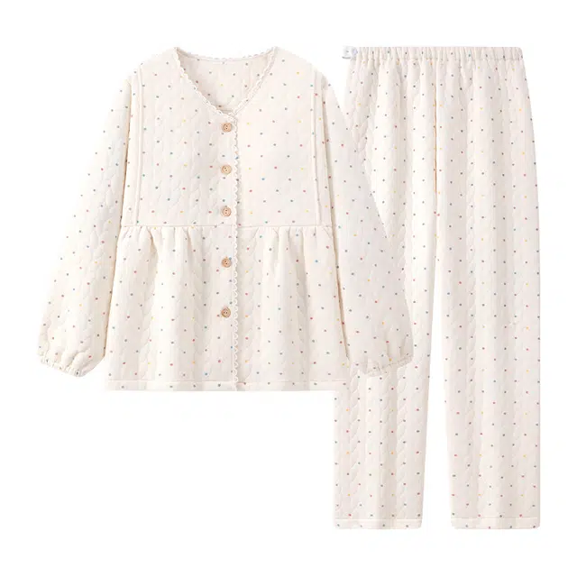 宫蝶 月子服夹层棉带胸垫产后哺乳家居服长袖产妇可调节腰围保暖睡衣套装 女款