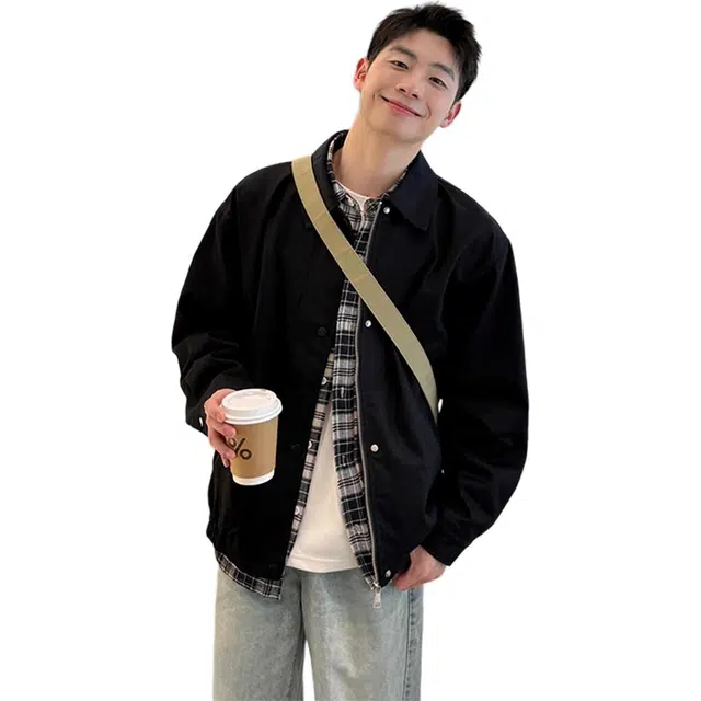 徐百货  美式潮牌经典假两件拼接格纹衬领设计感夹克春秋季宽松百搭防风工装飞行员机车教练外套上衣棒球服 男女同款