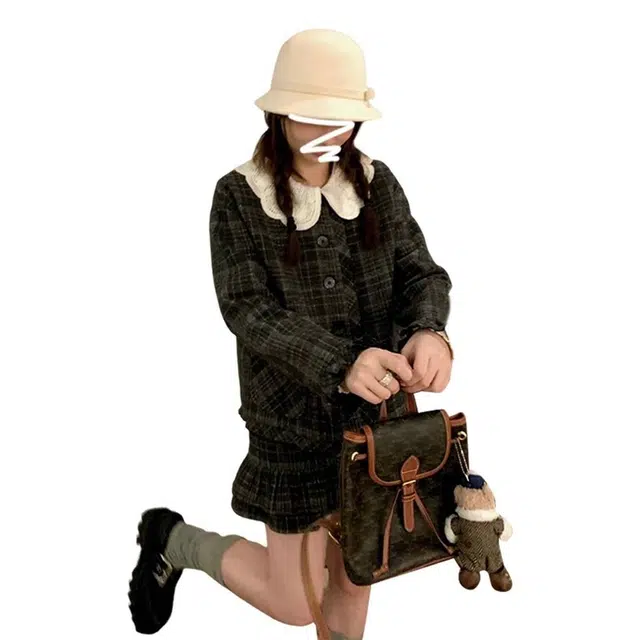 纤丝鸟 法式娃娃领格子小香风连衣裙韩系百搭学院风裙装套装 女款