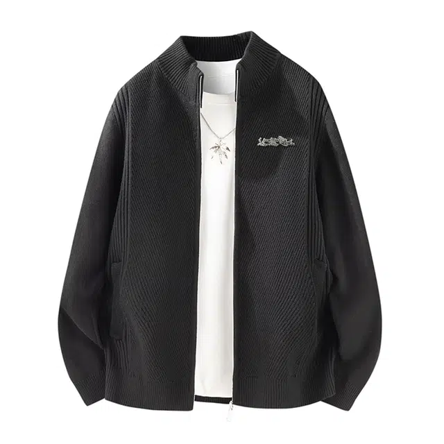 【纯色竖纹肌理感提花】赫赫良衣 美式复古痞帅高街单排扣立领开衫长袖休闲舒适保暖宽松时尚百搭小众高级感慵懒风潮牌针织衫外套 男女同款