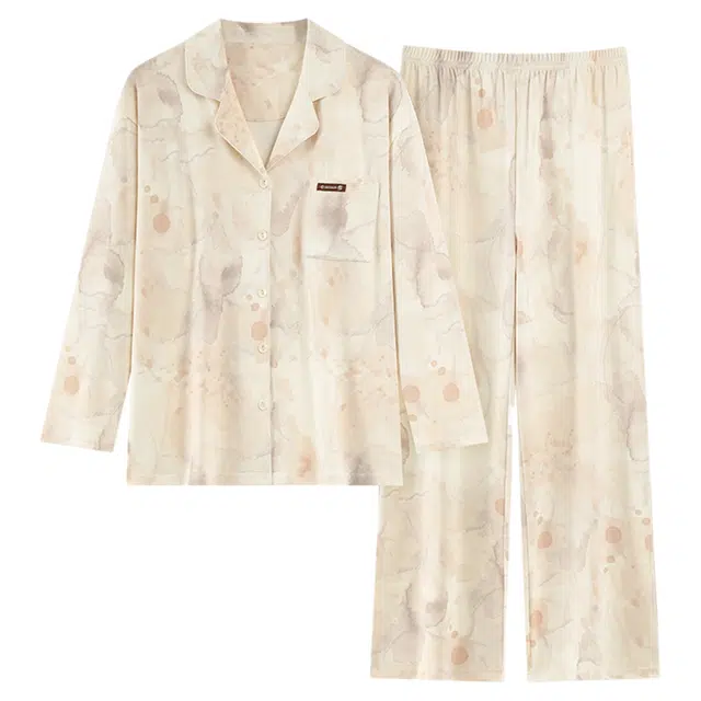 潞优野 简约大方百搭纯棉长袖翻领开衫可外穿家居高颜值睡衣套装 女款