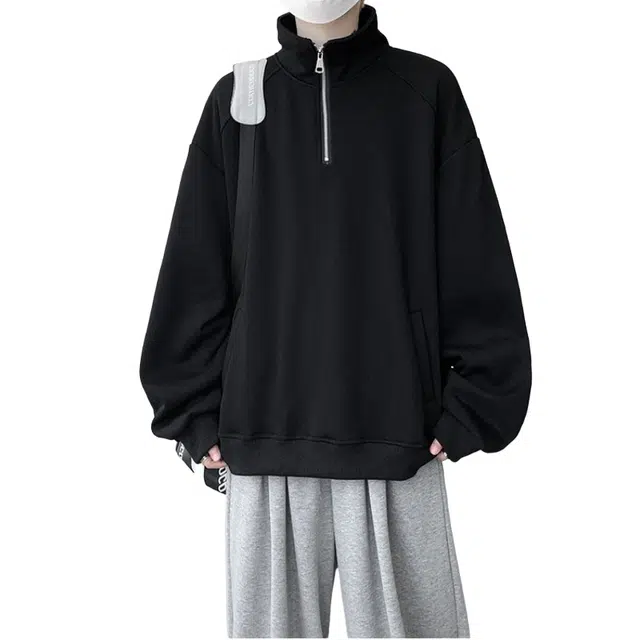 加荣 学院风半拉链高领卫衣男款早秋宽松休闲外套男装美式复古长袖体恤内搭打底衫男士纯色百搭外衣男小众设计感上衣 男女同款