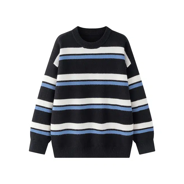 马员外 美式高街复古休闲撞色条纹慵懒风长袖舒适圆领重磅开衫落肩日常通勤简约无性别主义针织衫 男女同款