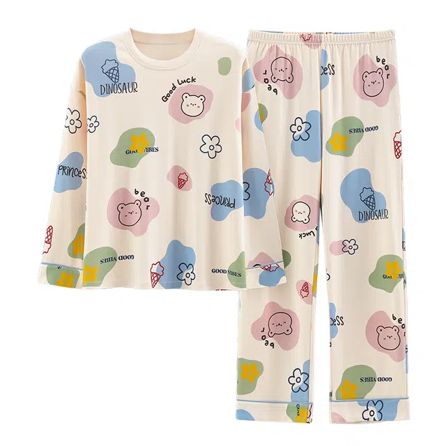 俏霓桐 秋冬季圆领纯棉可爱青少女舒适长袖长裤可外穿家居服睡衣套装 女款