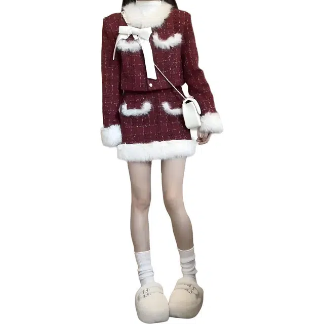 纤丝鸟 小香风精致裙毛毛拼接开衫短外套温柔风包臀纯欲半身裙裙装套装 女款