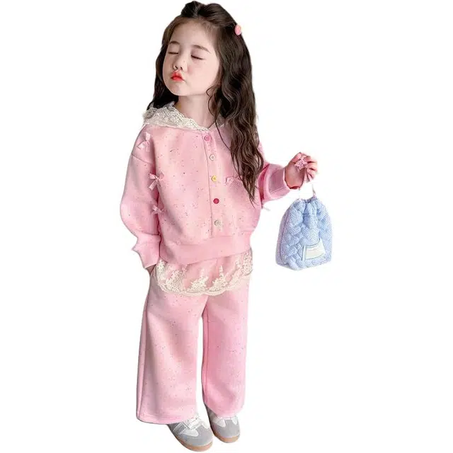 蓝彩何休闲运动套装 女童娃娃衫秋款装宝宝蝴蝶结花边网红洋气卫衣小香风保暖二件套