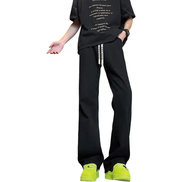 【抽绳系带水洗做旧】赫赫良衣 美式复古高街潮流纯色中腰微弹力显高显腿长基础款长裤子直筒垂感简约宽松舒适通勤百搭微喇牛仔裤 男女同款