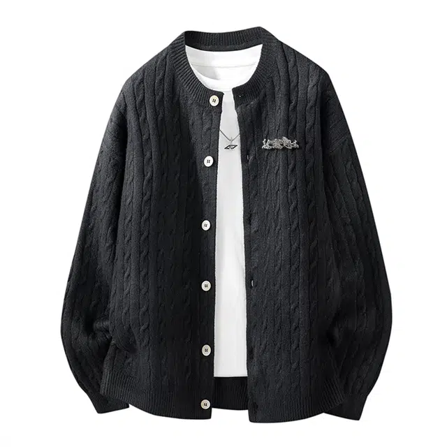 【粗麻花纹理提花设计】赫赫良衣 美式复古痞帅高街单排扣开衫长袖休闲舒适保暖宽松时尚百搭小众高级感日系慵懒风潮牌针织衫外套 男女同款