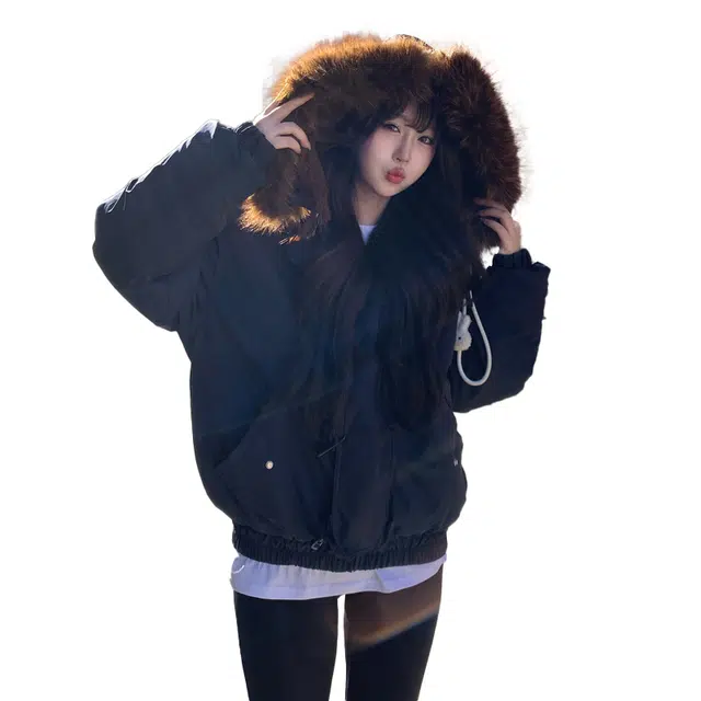 敲模女孩 美式复古大毛领羊羔绒连帽牛角扣连设计感工装派克外套棉服 女款